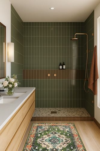 Wonnitar Bohemian Medallion Area Rug in Green Bathroom
