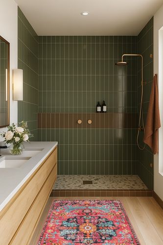 Wonnitar Boho Area Rug in Green Bathroom