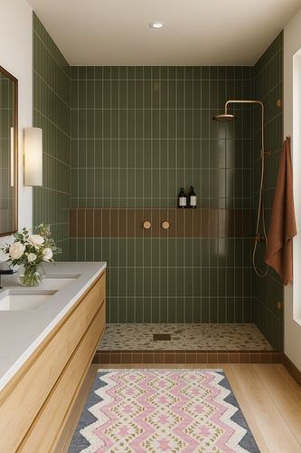 Wool Hand Made Contemporary Area Rug in Green Bathroom