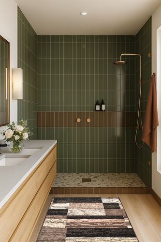 ‎Chocolate ‎Modern, Eclectic, Casual, Transitional ‎Cushioned ‎Area Rug in Green Bathroom
