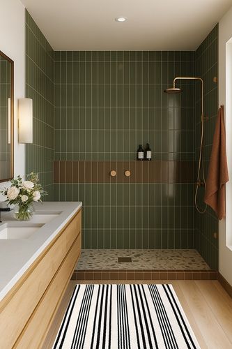 White Striped Farmhouse Washable Porch Area Rug in Green Bathroom