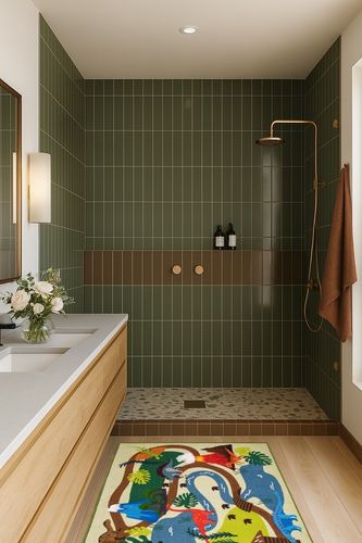 Booooom Jackson Dinosaur Rug Kids Area Rug Play Rug Educational Rug for Playroom Classroom and Kidroom Learning Carpet for Boys and Girls in Green Bathroom