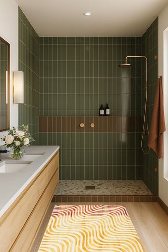 Ivy Bronx Niki Dip Dyed Ivory/Terracotta Area Rug; 3' x 5' in Green Bathroom