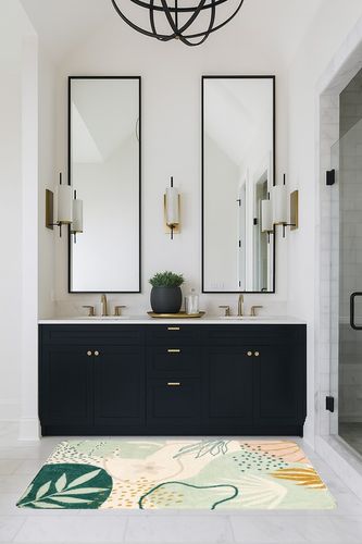 Botanical Print Small Rug Modern Abstract Non-Slip Minimalist Art Area Rug in Transitional Black Bathroom