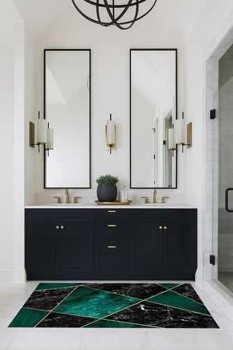 Emerald Green Area Rugs in Transitional Black Bathroom