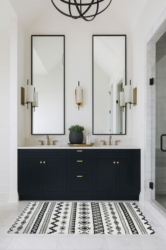 Lahome Boho Geometric Washable Area Rug in Transitional Black Bathroom