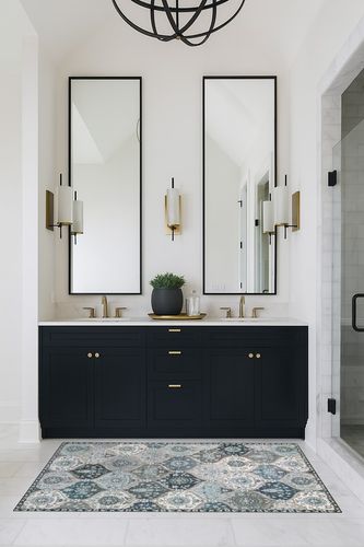 Lahome Moroccan Trellis Area Rug in Transitional Black Bathroom