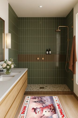 Christmas Snowman Rectangle Shape Large Area Rugs - 2.7 x 5 Feet Pink Xmas Winter Snowflake Geometric - (Non-Woven + Rubber) Low File Floor Mat in Green Bathroom