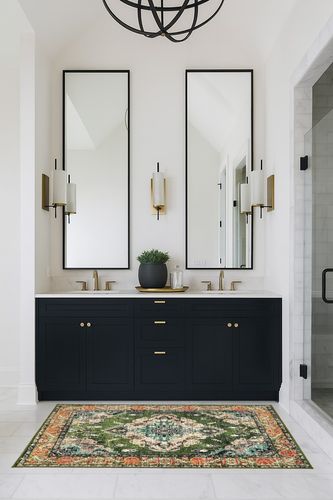 Wonnitar Bohemian Medallion Area Rug in Transitional Black Bathroom