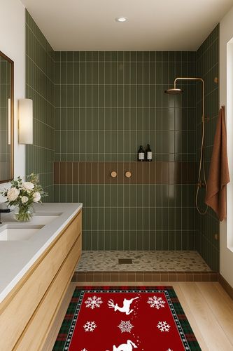 Area Rug, Winter Snowflake Elk Reindeer Red Buffalo Plaid Merry Christmas Rug, 2x3 Feet Rugs for Living Room Bedroom Kids Room Kids Room Nursery Classroom, Non-Slip Comrft Carpet Washable Rug in Green Bathroom