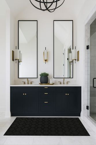 Black Casual Stain Resistant, Non Slip Bedroom, Living Room, Home Office, Dining Room Area Rug in Transitional Black Bathroom