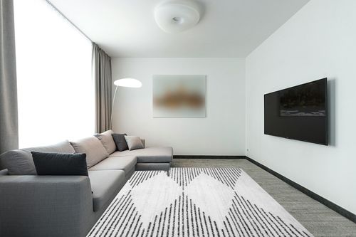 nuLOOM Romina Machine Washable Diamond Stripes Area Rug, 8x10, White in Modern Living Room with Grey Couch