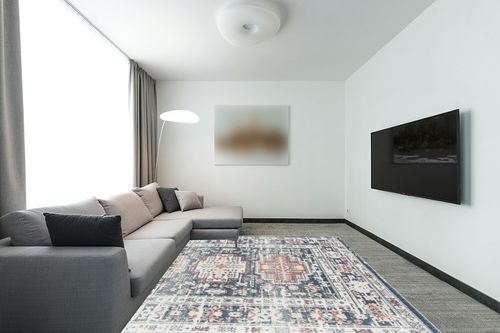 Rugs America Gallagher Collection GL55C Prussian Sundara Transitional Vintage Area Rug 8' x 10' in Modern Living Room with Grey Couch