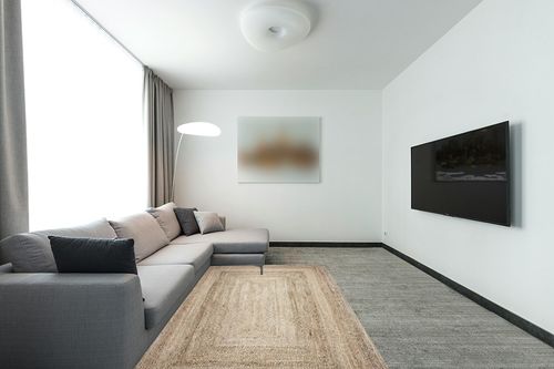 Large Jute Rug Natural Fibers Boho Reversible Carpet (Rectangle, 5x8 Feet) in Modern Living Room with Grey Couch