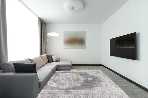 JONATHAN Y MDP403E-8 Rosalia Cottage Medallion Indoor Area-Rug Vintage Bohemian Easy-Cleaning Bedroom Kitchen Living Room Non Shedding, 8 ft x 10 ft, Gray/Dark Gray in Modern Living Room with Grey Couch