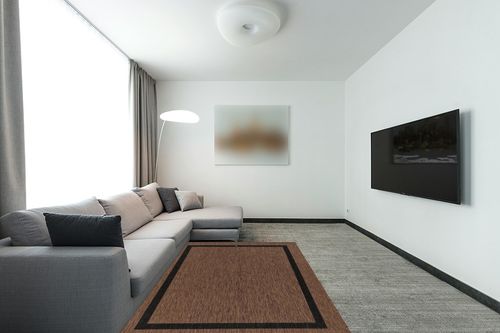 Beverly Rug Waikiki Indoor Outdoor Rug 5x7, Washable Outside Carpet for Patio, Deck, Porch, Bordered Modern Area Rug, Water Resistant, Gold - Black in Modern Living Room with Grey Couch