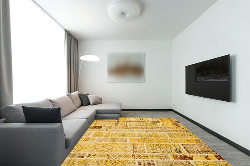 SAFAVIEH Monaco Collection Area Rug - 8' x 11', Yellow & Multi, Modern Patchwork Distressed Design, Non-Shedding & Easy Care, Ideal for High Traffic Areas in Living Room, Bedroom (MNC216K) in Modern Living Room with Grey Couch
