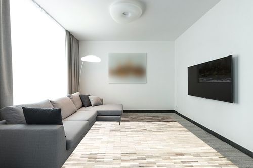 Natural Area Rugs - Rectangle Leather Rug, Mesa Cowhide Collection, Earth Friendly Natural Fiber Rug, Hand Loomed Area Rugs, Multi Color, 9' x 12' in Modern Living Room with Grey Couch
