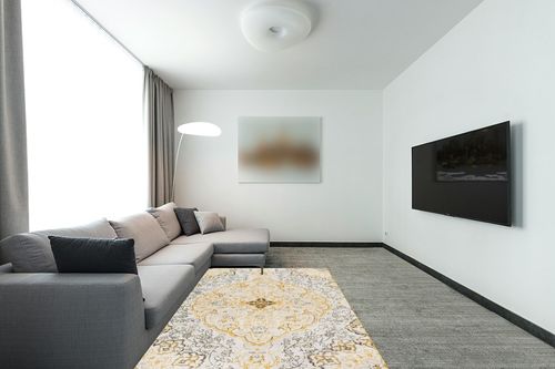 Artistic Weavers Lohena Vintage Medallion Area Rug,5'3" x 7'1",Yellow in Modern Living Room with Grey Couch