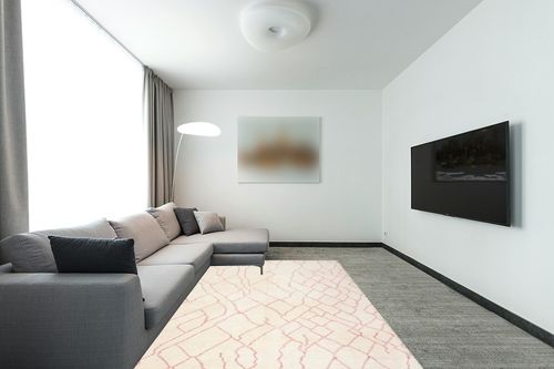 Purtell Abstract Hand Knotted Ivory/Pink Area Rug Foundstone Rug Size: Rectangle ... in Modern Living Room with Grey Couch