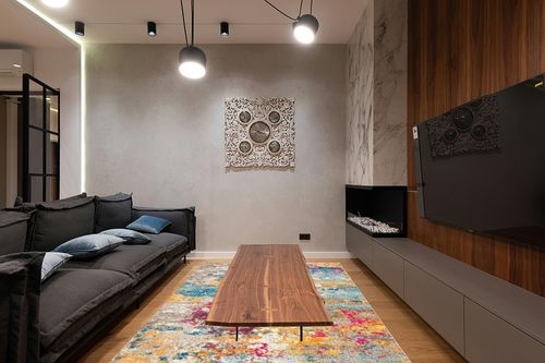 NuLOOM Monet Modern Abstract Area Rug, 6' x 9', Multi in Dark Wood Living Room with Black Couch