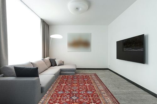 Rugland 6x9 Rug - Stain Resistant Washable Rug, Anti Slip Backing Rugs for Living Room, Vintage Tribal Area Rugs (TPR10-Burgundy, 6'x9') in Modern Living Room with Grey Couch