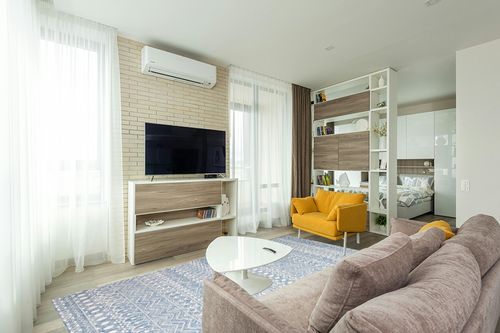 SAFAVIEH Micro-Loop Collection Area Rug - 8' x 10', Blue & Ivory, Handmade Moroccan Boho Tribal Wool, Ideal for High Traffic Areas in Living Room, Bedroom (MLP502M) in Light Modern Living Room with TV