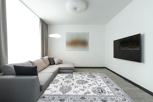 Eyely PDM505F-8 Modern Cherie French Cottage Indoor Area Rug Bohemian;Transitional;Traditional, Bedroom, Kitchen, Living Room, Easy-Cleaning, Non-Shedding, 8 X 10, Cream/Light Gray in Modern Living Room with Grey Couch