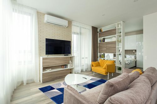 Well Woven Good Vibes Margot Blue Modern Geometric Boxes & Lines 5'3" x 7'3" 3D Texture Area Rug in Light Modern Living Room with TV
