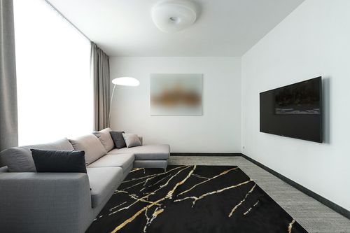 Antep Rugs Babil Gold 8x10 Marble Abstract Modern Indoor Area Rug (Black, 7'10" x 10') in Modern Living Room with Grey Couch