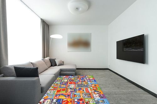 KC Cubs DC Super Hero Rug - ABC Alphabet - Traits & Emotions Playrug - Educational & Learning Carpets - Children’s Play - Rectangular Kids Play Carpet - Toddlers 2 & Up - Playroom, Classroom, Bedroom in Modern Living Room with Grey Couch