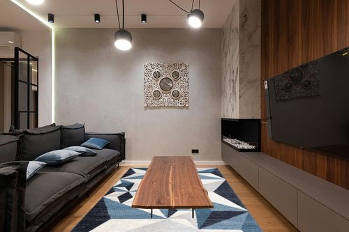 Abani Rugs Gray and Blue 6 ft. X 9 ft. Contemporary Area Rug with Geometric Triangles. Rectangular Area Rug. Turkish Stain Resistant Area Rug. in Dark Wood Living Room with Black Couch