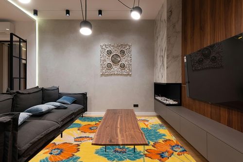 Nourison Allur Yellow Multicolor 7'10" x 9'10" Area Rug, Modern, Floral, Bed Room, Living Room, Dining Room, Kitchen, Easy Cleaning, Non Shedding, (8' x 10') in Dark Wood Living Room with Black Couch