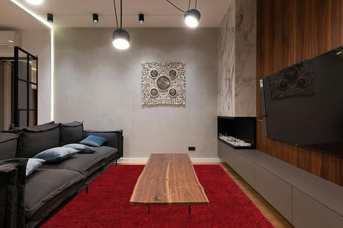 Everyday Shag Rug Red in Dark Wood Living Room with Black Couch