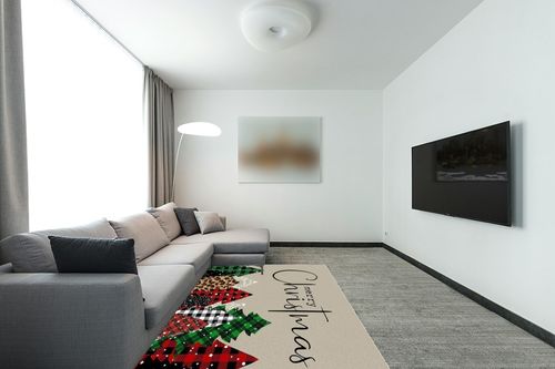 Merry Christmas Area Rug 5 x 8, Washable Bedroom Rug Non-Slip Kitchen Rugs Non Shedding Floor Cover Mat Runner Rug for Living Room Dining Room Outdoor Carpet Christmas Tree Brown Texture in Modern Living Room with Grey Couch