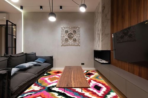 nuLOOM Handmade Carnival Abbey Shaggy Area Rug, 7' 6" x 9' 6", Multi in Dark Wood Living Room with Black Couch