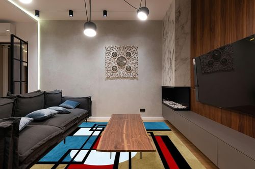 Black White Red Brown Teal Colorful Geometric Modern Area Rug 8x10 Non Slip Washable Carpet for Living Room Bedroom Minimalist Thick Home Office Dining Kitchen Runner Rug in Dark Wood Living Room with Black Couch