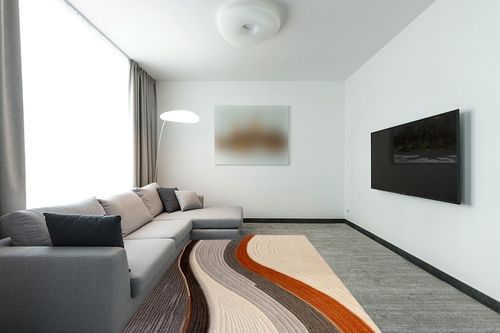 Eroyat Large Indoor Area Rugs，6x9ft Family Washable Rugs for Entryway, Bedroom, Living Room,Non Slip, Ultra Thin, Strong, Modern Abstract rug, Textural-Beige Orange. in Modern Living Room with Grey Couch