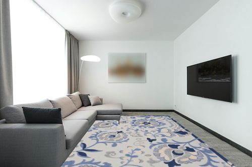 Nourison Aloha Indoor/Outdoor Blue/Grey 9' x 12' Area-Rug,Easy-Cleaning, Non Shedding, Bed Room, Living Room, Dining Room, Deck, Backyard, Patio (9x12) in Modern Living Room with Grey Couch
