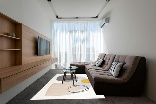 Abani Rugs Cream and Gray 6 ft. X 9 ft. Mid-Century Rug with Circles and Lines. Neutral Tones of Cream, Gray and a pop of Yellow. Minimalistic Design Turkish Stain Resistant Area Rug. in Grey Living Room with Brown Couch