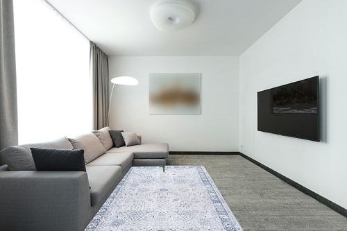 Rugs USA x Lauren Liess Bayberry Vintage Machine Washable Area Rug - 5x8 Machine Washable Area Rug Traditional Light Blue/Ivory for Living Room Bedroom Dining Room Kitchen in Modern Living Room with Grey Couch