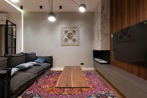 New Marlboro Oriental Bohemian Living Room Bedroom Area Rug - Persian Vintage Medallion Look - Floral Boho Carpet - Bright Colorful - Purple, Red, Orange, Pink - 7'10" x 10' in Dark Wood Living Room with Black Couch