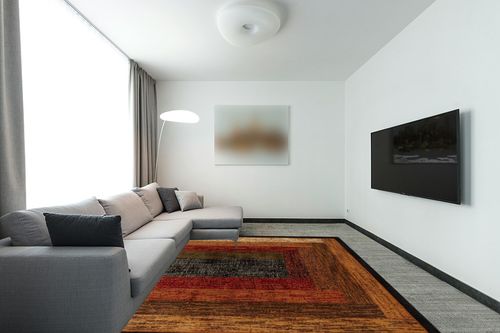 Home Dynamix Royalty Vega Contemporary Geometric Area Rug, Black/Brown, 7'8"x10'4" in Modern Living Room with Grey Couch