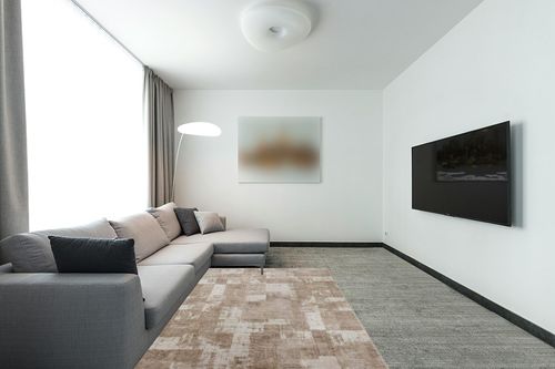 Area Rug Living Room Rugs: 5x7 Indoor Soft Small Low Pile Carpet Abstract Decor Large Washable for Bedroom Dining Room Under Kitchen Table Home Office - Beige/Ivory in Modern Living Room with Grey Couch