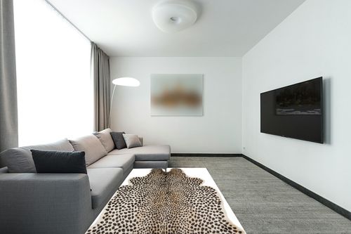 Erin Gates by Momeni Acadia Cheetah Multi Faux Hide Area Rug 5'3" X 7'10" - Multicolor in Modern Living Room with Grey Couch
