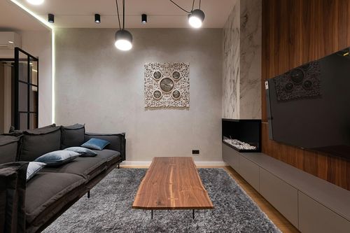 8x10 Feet Large Modern Contemporary Charcoal Dark Gray Dark Grey Color Solid Area Rug Carpet Rug Bedroom Living Room Indoor Shag Shaggy Canvas Backing Plush Pile Office Space Fluffy Fuzzy Furry in Dark Wood Living Room with Black Couch