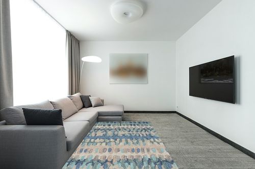 Dash and Albert Paint Chip Blue Hand Micro Hooked Wool Rug, 5 X 8 Feet, Blue/Green Geometric Pattern in Modern Living Room with Grey Couch