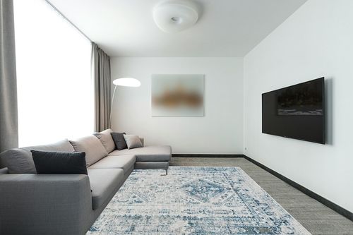Artistic Weavers Desta Vintage Oriental Area Rug, 7'10" x 10'2", Blue/White in Modern Living Room with Grey Couch