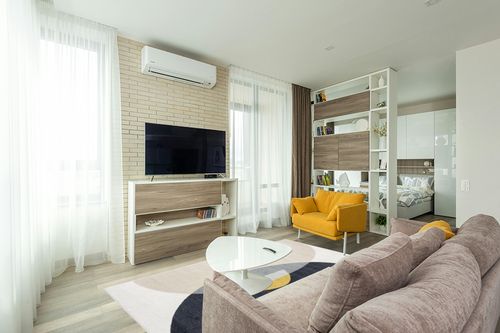 Abani Geometric Beige/Charcoal Yellow Area Rug - 5'x 8' - Modern Half-Moon Design Mid-Century Deco - Easy to Clean - Durable for High Traffic Areas – Bedroom & Office - Medium Pile in Light Modern Living Room with TV