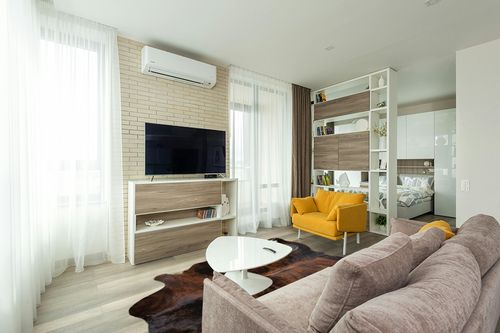 Genuine Brindle Cowhide Rug XL 6 x 7-8 ft. 180 x 240 cm in Light Modern Living Room with TV